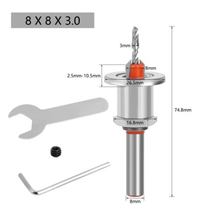 Carbide Tipped 90° Countersink with Adjustable Low Friction Depth Stop  8x8x3