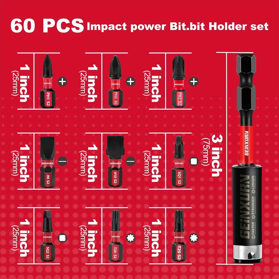 Screwdriver Bit Set with PH1/PH2/PH3/SQ1/SQ2/T20/T25/SL8/SL10 and 1Pcs Impact Bi - Image 3 of 4
