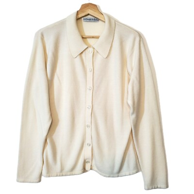 VTG David Hollis Cardigan Sweater Ivory Acrylic Collared Button Up Lightweight L
