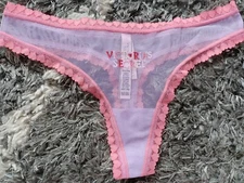 Vs heart trim  mesh logo thong panty NEW SIZE small 