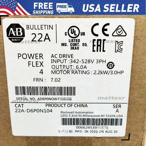 New 2022 AB 22A-D6P0N104 PowerFlex 4 2.2 kW 3 Hp AC Drive 22A-D6P0N104 US STOCK