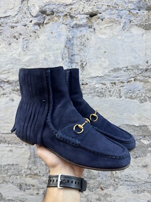Authentic Gucci Blue Suede Fringe Loafers Horsebit Ankle Boots size 38.5