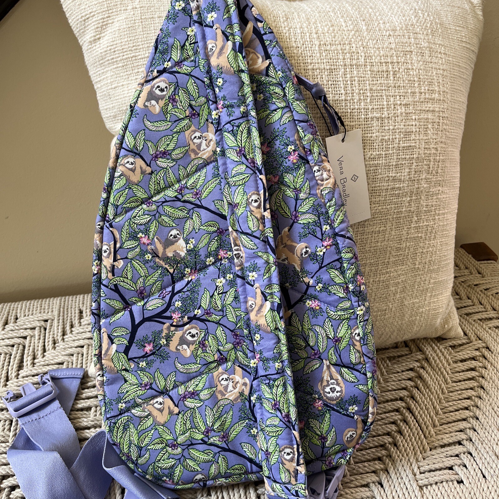 Vera Bradley Essential Sling Backpack Bag Purse Hanging Around Purple Sloths NWT
