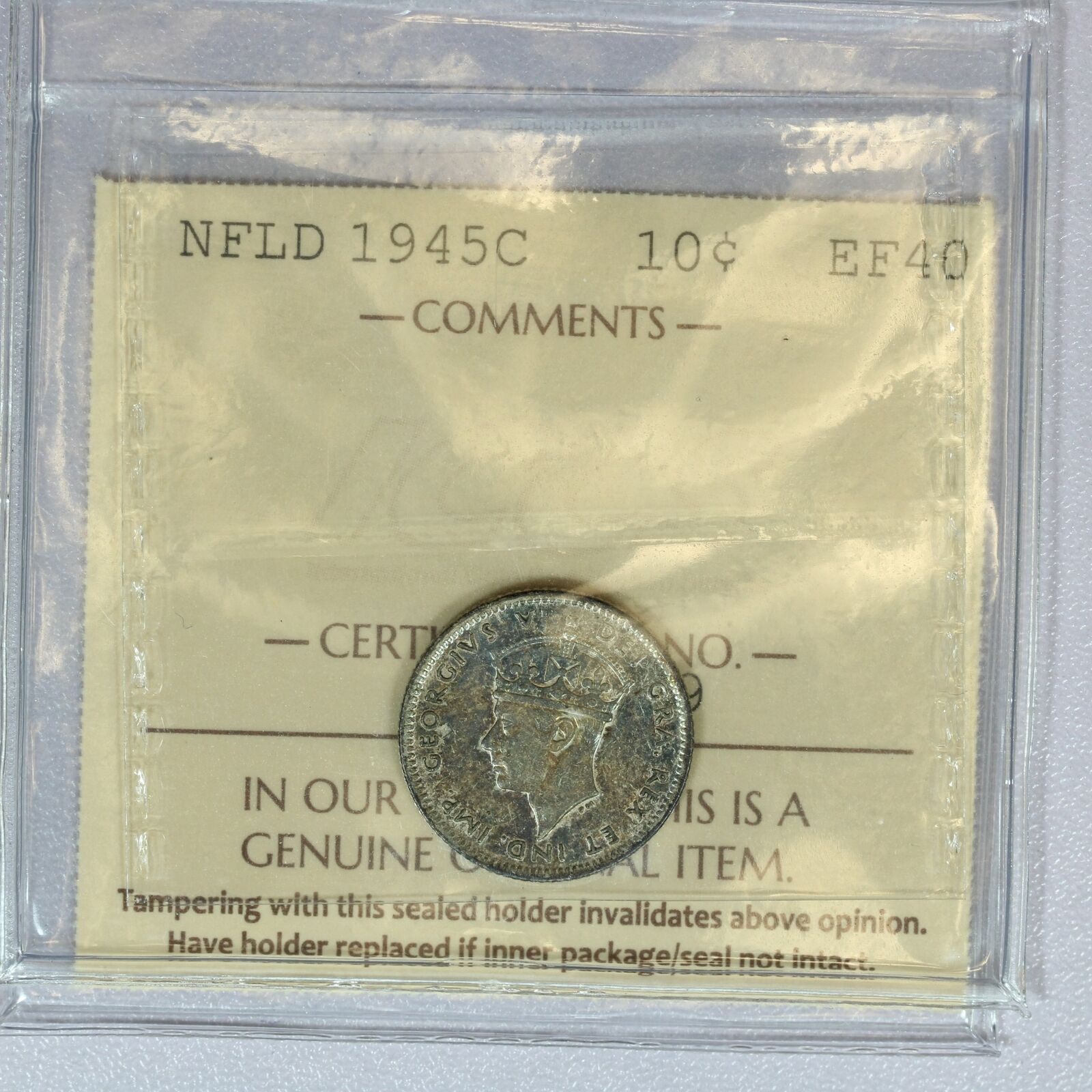 Canada NFLD 1945C Dime ICCS Certified EF40