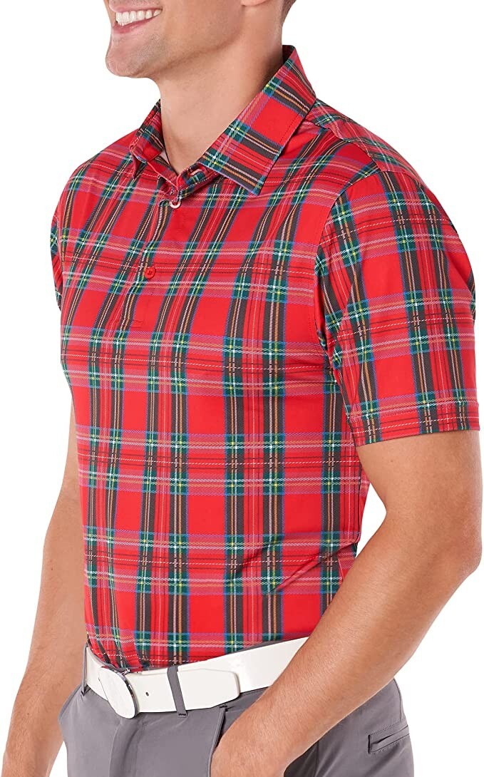 Men`s Royal and Awesome Red Golf Polo Shirt Performance Stewart Tartan