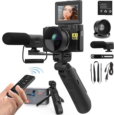Fine Life Pro Kompaktkamera 4K, 48MP, Stativgriff, Weitwinkel, Mikrofon, Schwarz