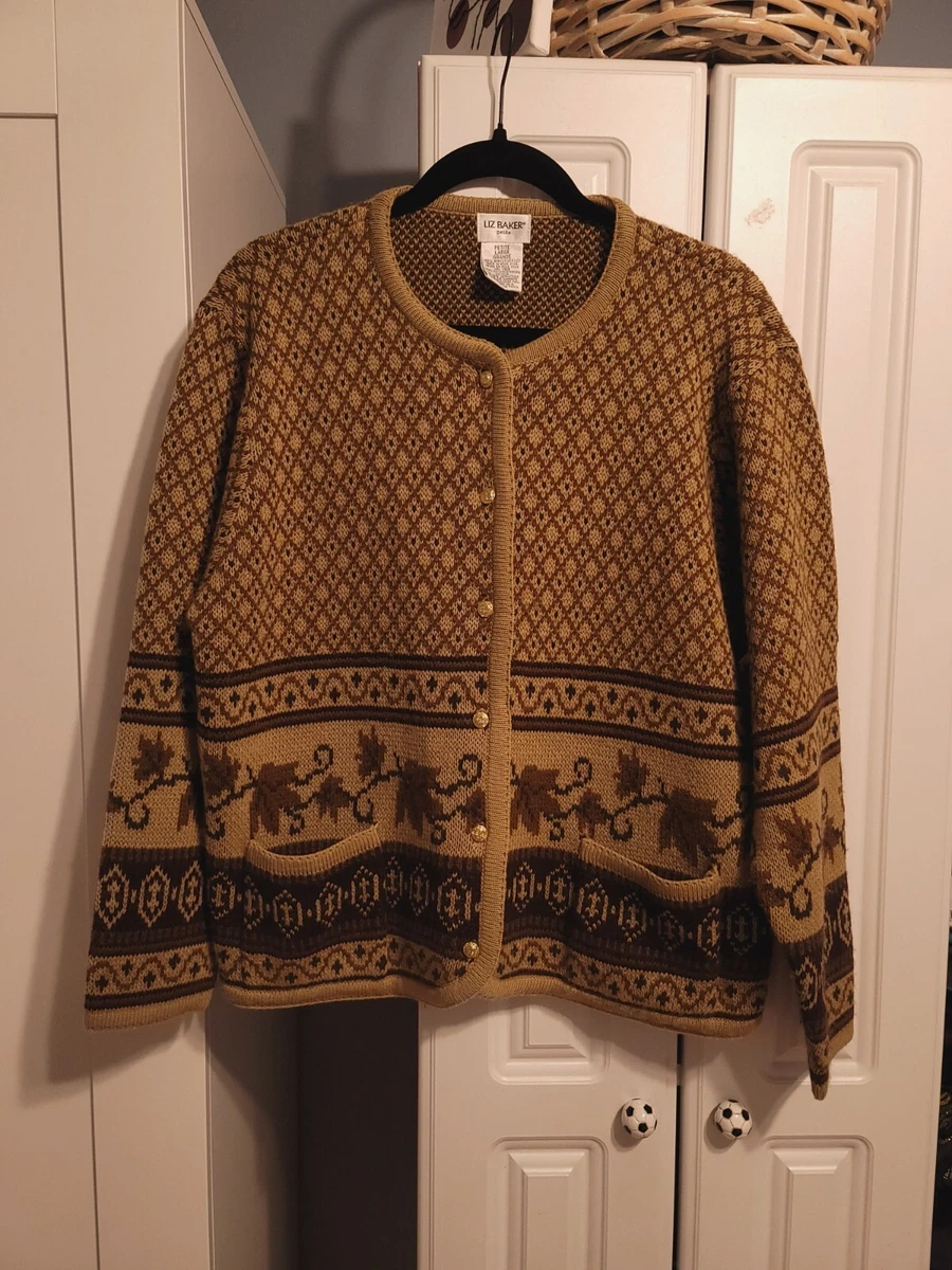 Vtg Liz Baker WOMEN S KNIT SWEATER CARDIGAN Petite Large Crew Neck Button Up