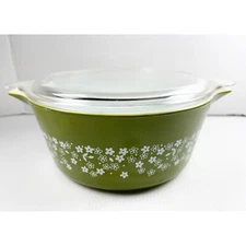 Pyrex Avocado Green Spring Blossom Crazy Daisy 475-B Casserole Bowl Lid Vintage