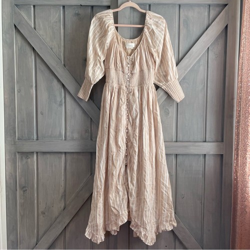 By Anthropologie Women's Long-Sleeve Smocked-Waist Stripe Maxi Dress Buttons S - Picture 4 of 12