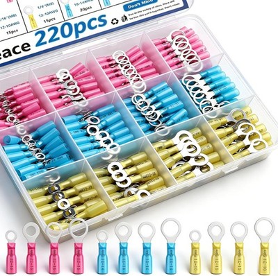 220PCS Heat Shrink Ring Terminals Connectors 10, 1/4, 5/16 Size: 220Pcs