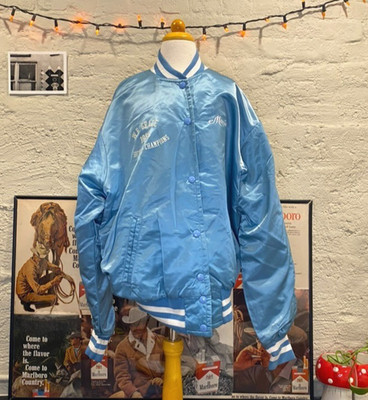 VTG 1985 Satin Bomber Jacket Baby Blue ''Maria''