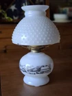Vintage Oil Lamp Currier & Ives Milk Glass Hob Nob with Farmhouse 1960's