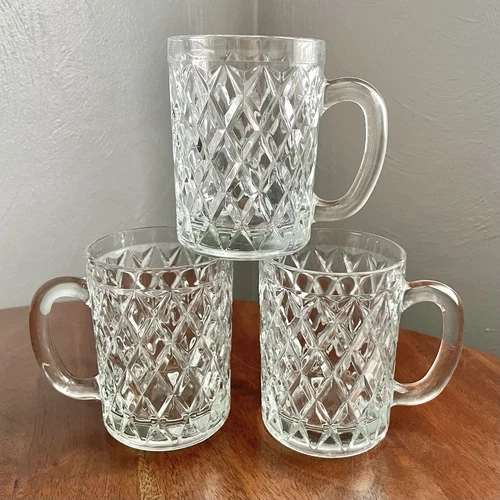 Set Of 3 Vintage Paul Sebastian Crystal Glass Coffee Mugs Cups 12 Oz France EUC