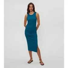 Michael Stars Wren Sleeveless Side Slit Ribbed Tank Midi Dress Ocean Blue NWOT