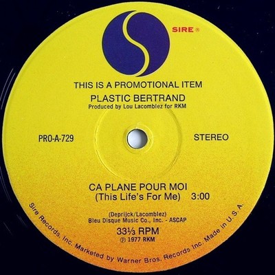 Plastic Bertrand - Ca Plane Pour Moi - 1977 Sire US Promo - 12'' - EX