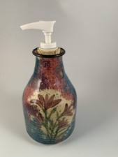EUC Handmade Pottery Soap Dispenser Art Deco Blue, Reds With Florals Signed
