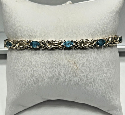 Signierte SU 925 Sterlingsilber Oval Blautopas Tennis Kette Armband 7,5 Zoll