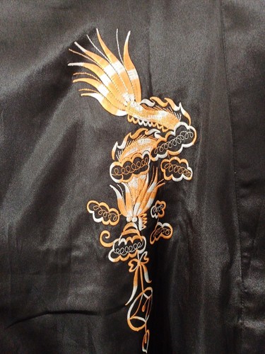 TANGYI MENS KIMONO ROBE BLACK & ORANGE EMBROIDERED SATIN XXL 42 - 48" ORENTIAL - Picture 3 of 19