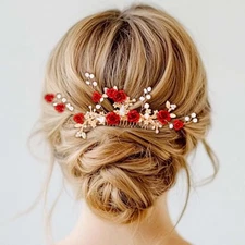  Crystal Flower Wedding Hair Comb Red Rose Headpiece Gold Hair Piece Bride 