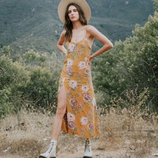 FLYNN SKYE Jeanette Slip Dress Yellow Floral Midi Small boho