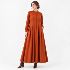Glazed Cotton Button Front Abaya Dress with Pockets – Long Sleeve Maxi Dress