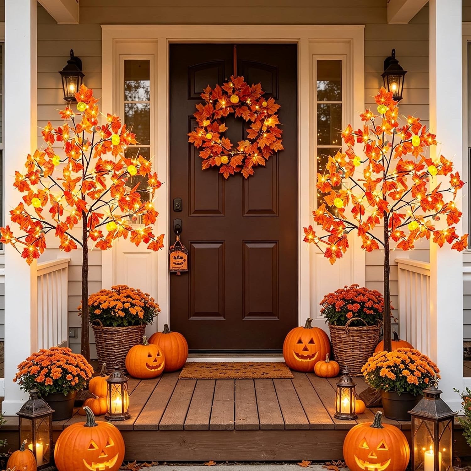 2Pk 4Ft Lighted Fall Maple Trees 96 LED Timer Remote & 8 Modes Halloween Decor