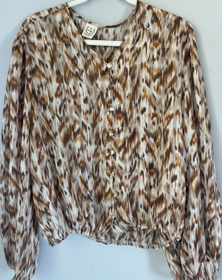 Grace & Emma XL Geometric Button Front Blouse Brown Beige Long Sleeve Polyester