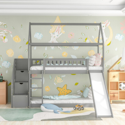 Wood House Bunk Bed with Slide & Stairs Platform Bed Frames For Kids Teens Adult
