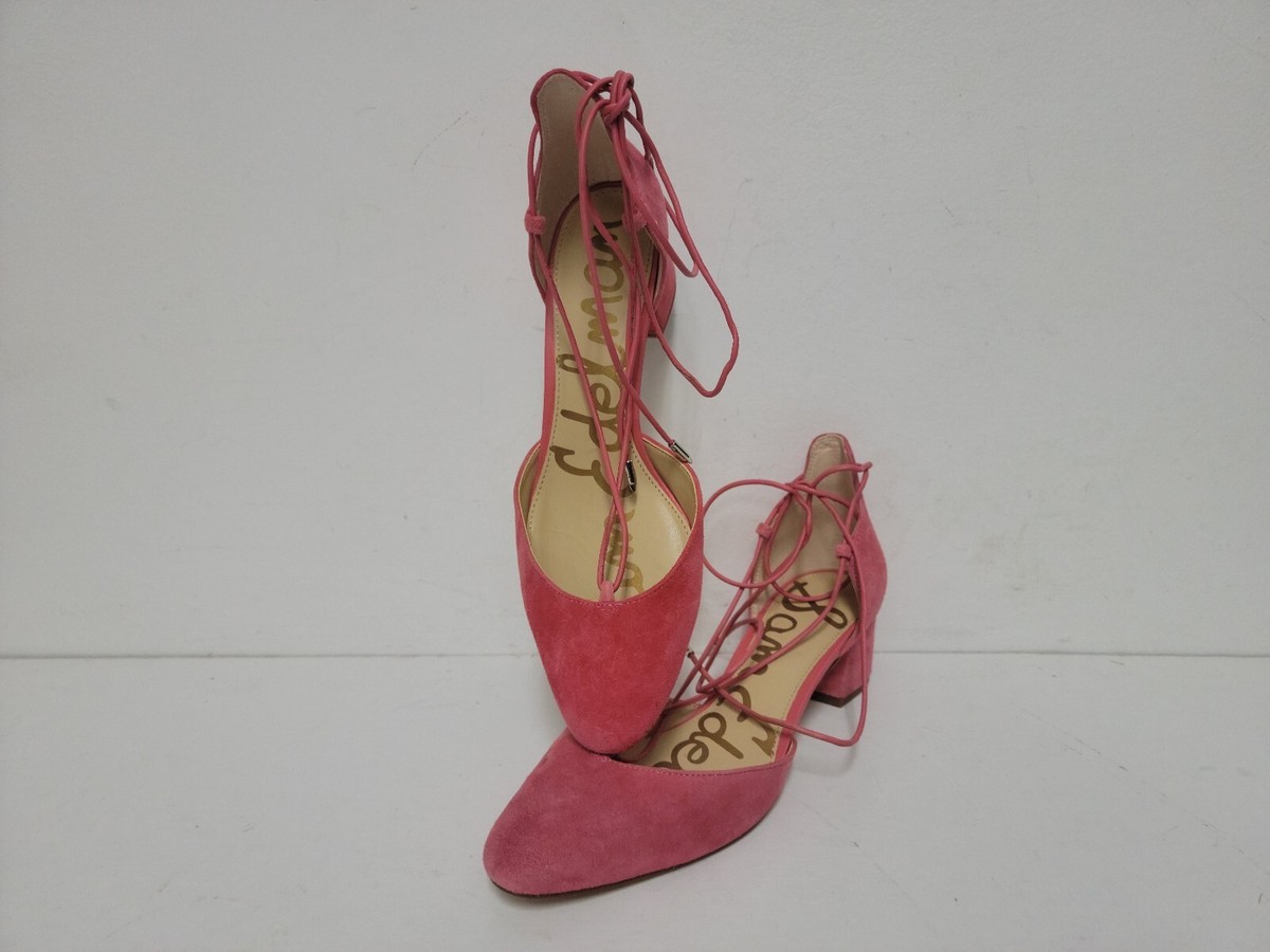 SAM EDELMAN $130 Loretta Hot Coral Suede Leather Lace-Up Block Heel Pumps  Size