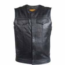 Mens No Collar Leather Motorcycle Club Vest Concealed Carry Solid Back