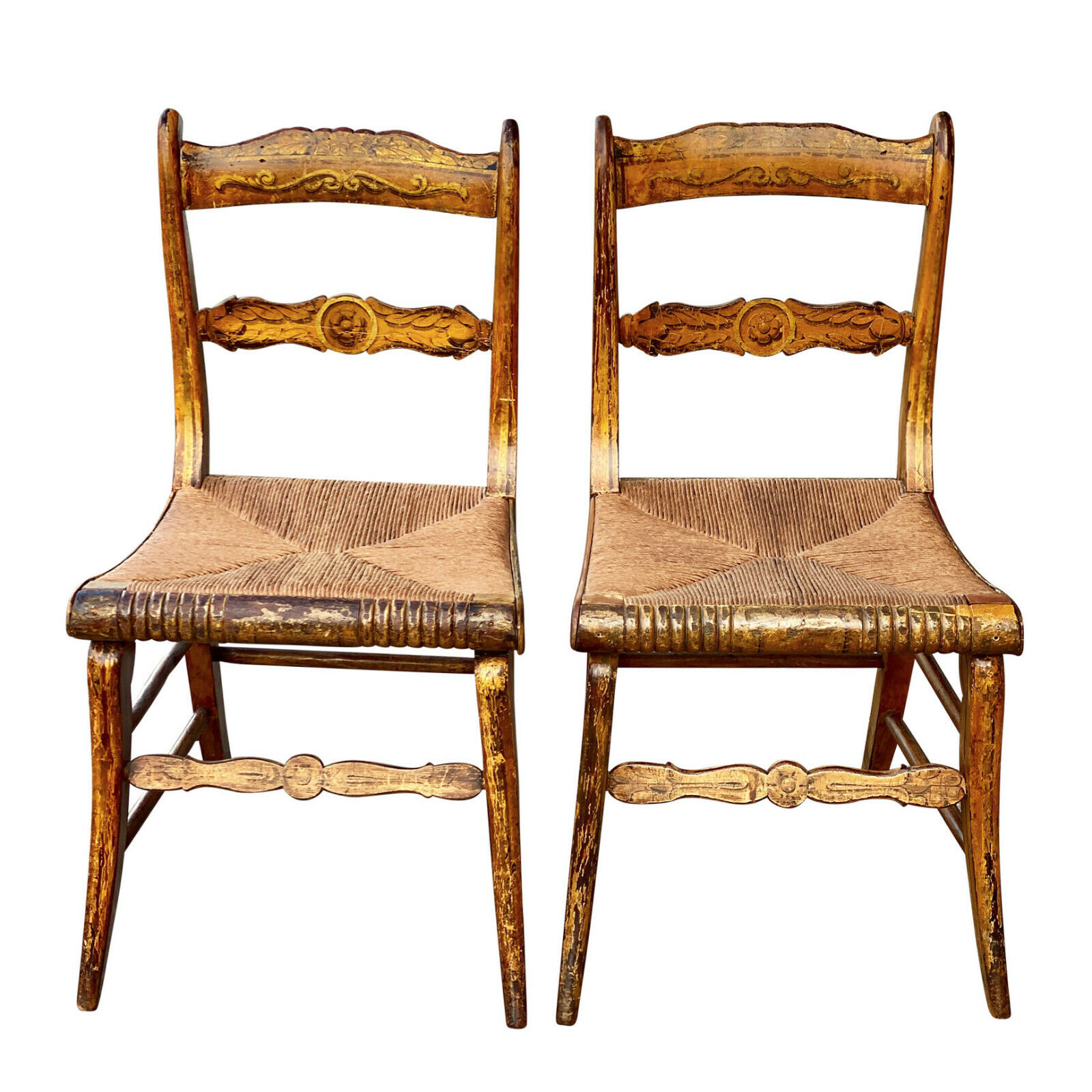 Antique Farmhouse Stenciled Motif Rush Seat Chairs - a Pair
