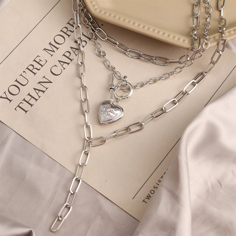 Gothic Punk Chunky Chain Layered Necklace Heart Shaped Pendant Choker