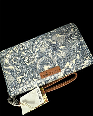 Sakroots Artist Circle Spirt Desert Blue Floral Zip Around Wallet Wristlet NEW