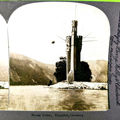 c1900s Rüdesheim am Rhein, Hesse, Germany Ehrenfels Castle Mouse Tower Stereo V5