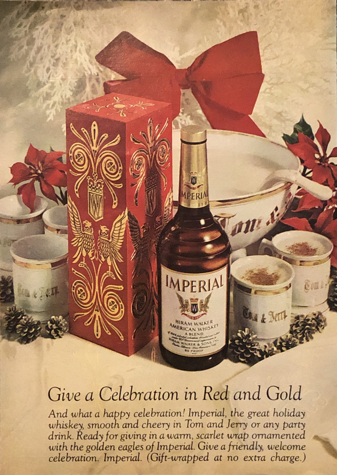 1974 Hiram Walker Imperial Whiskey PRINT AD Christmas Holiday Red Gold VTG 1970s