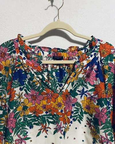 Talbots Top Womens 2X Vibrant Floral Smocked Cuff Ruffle Romantic Feminine - Picture 2 of 8