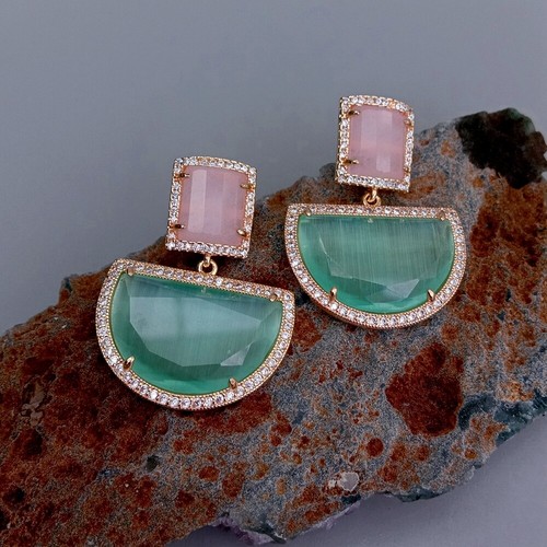 Pendientes colgantes semicírculo sandía verde rosa ojo de gato joyería de moda - Imagen 4 de 6