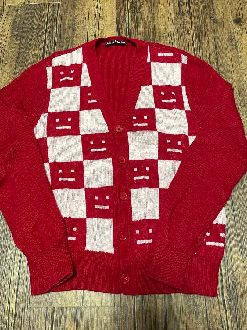 Acne Studios Jacquard Red Checkered Face Wool Cardigan Size M from Japan