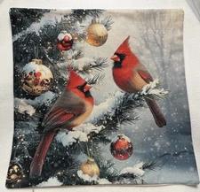 Cardinal Couple Birds Christmas Throw Pillow Cover Winter Holiday Home Decor 18”