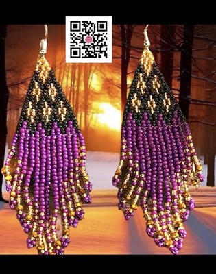 Handmade Native American-Style Beaded Tassel Fashion* Earrings Purple-Gold-Black