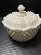 Vintage Fenton  Paneled Hobnail White Milk Glass Covered Candy/Trinket Dish