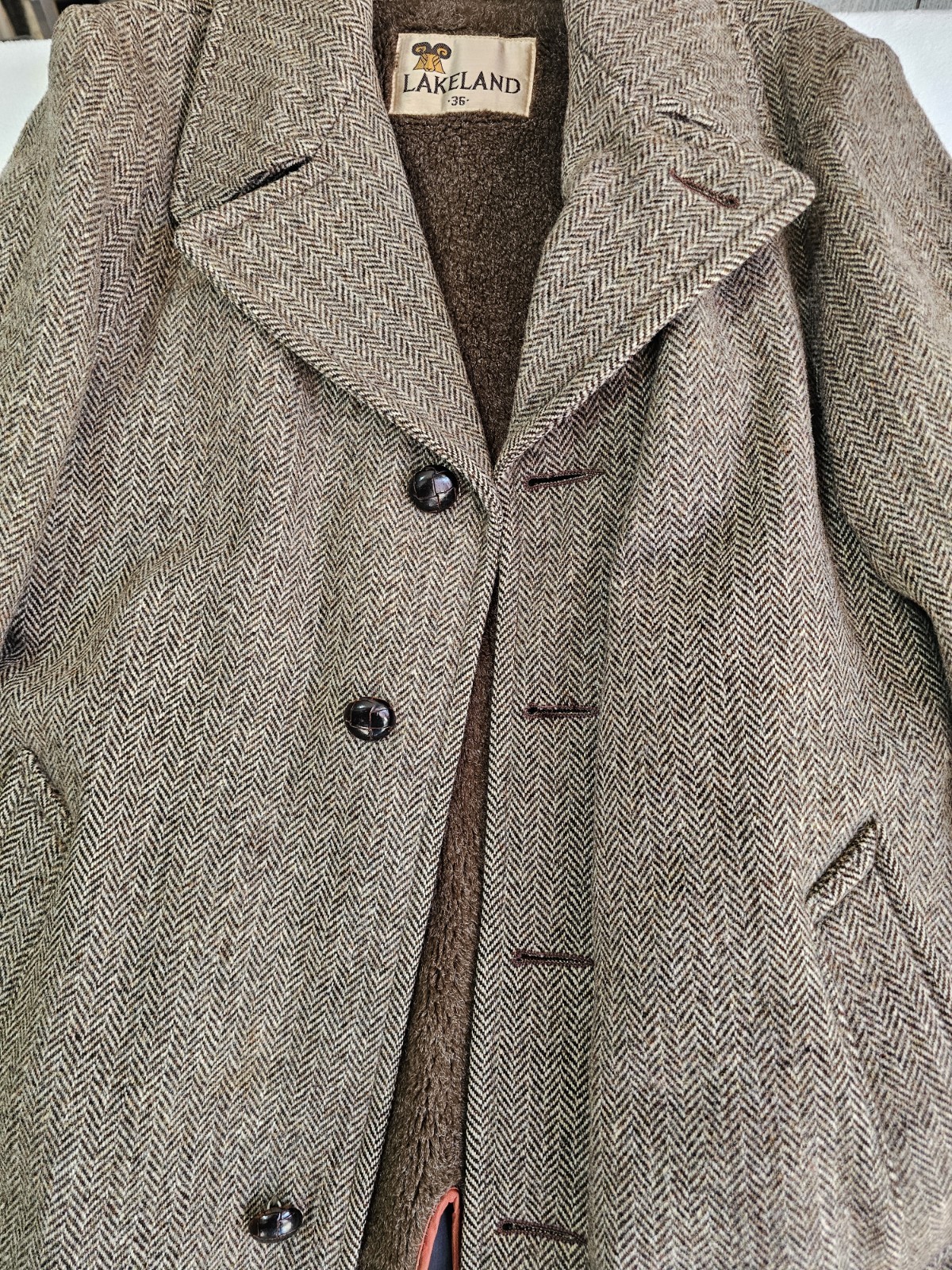 Vintage Tweed Herringbone Brown Lined Jacket 36  Lakeland Lawrence Union Made thumbnail 2