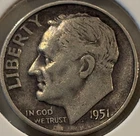 1951 P Roosevelt Dime 90% Silver **Free Shipping**
