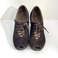Vintage Womens Shoes Peep Toe Brown Suede SELBY Heel Lace 1940s