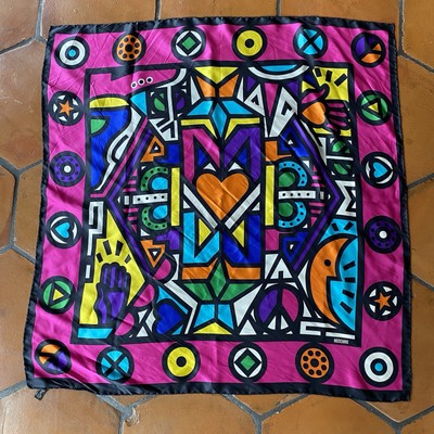 Moschino Foulards Italy 100% silk scarf Bright Abstract multicolor Lario 80s