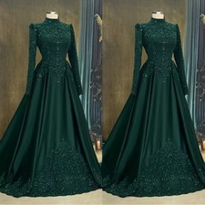 Dark Green Muslim Elegant Wedding Dresses High Neck Long Sleeve Beaded Lace