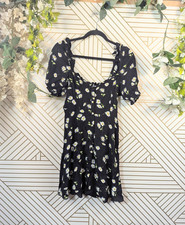 ZARA Womens Black Daisy Floral Ruffle Button Front Mini Dress Size S Puff Sleeve