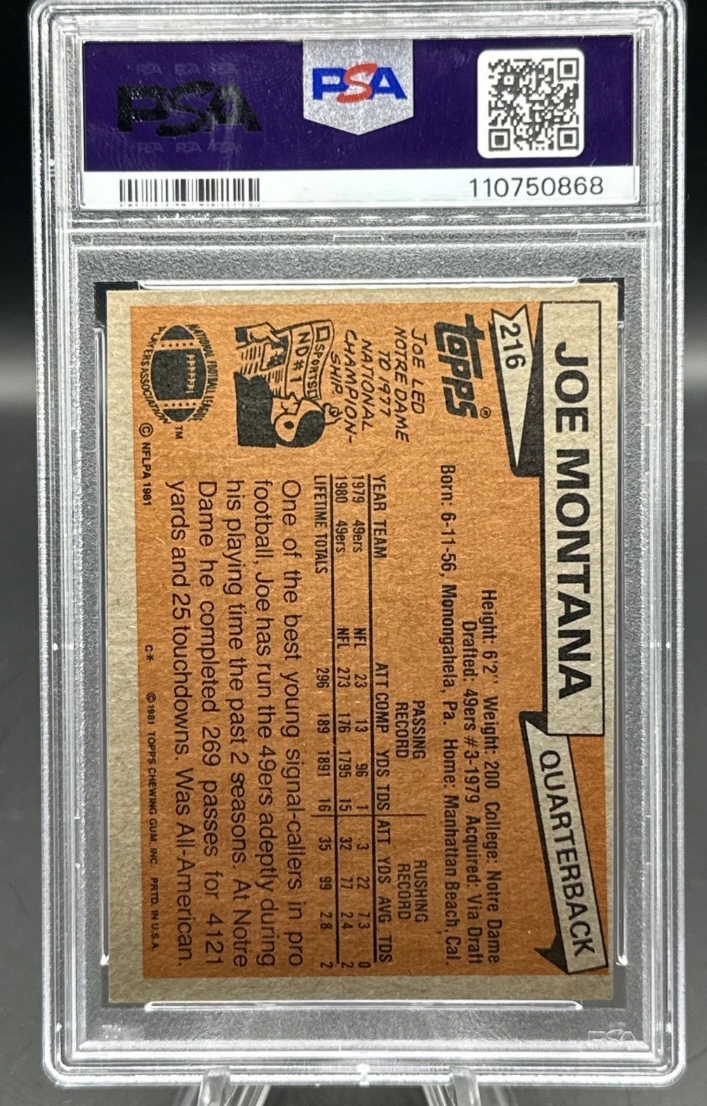 1981 TOPPS #216 JOE MONTANA PSA 7 view 2