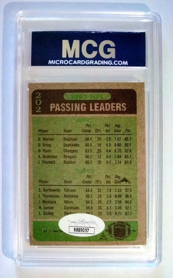 DAN MARINO * HOF RC AUTO * JSA Certified * 1984 Topps NFL Passing Leaders #202 - Image 4 of 4