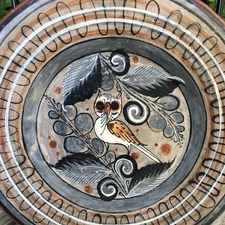 Tonala Mexico Folk Art Pottery OWL Decorative Wall Hanger Plate Signed 5.5" Sm
